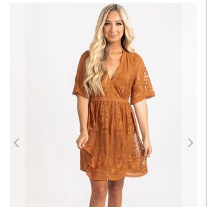 Bella Ella Boutique Light My Fire Tawny Orange Lace Mini Dress